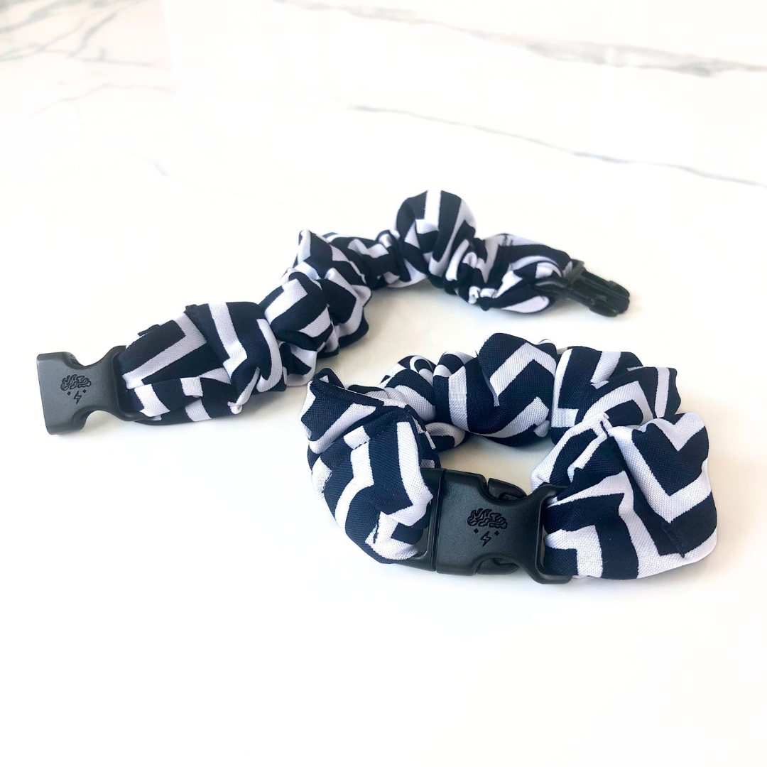 Best hair tie elastics and scrunchie hair accessories for snag-free, pull-free, rip-free, hair. Smooth, effortless hair ties and hair scrunchies for athletes, active moms, fitness, & sports. Warm Collection Buckle Scrunchies - No Snagging, No Tangles Skeleton Chevron Recycled Polyblend Standard (1.25 to 1.5 inch thickness)