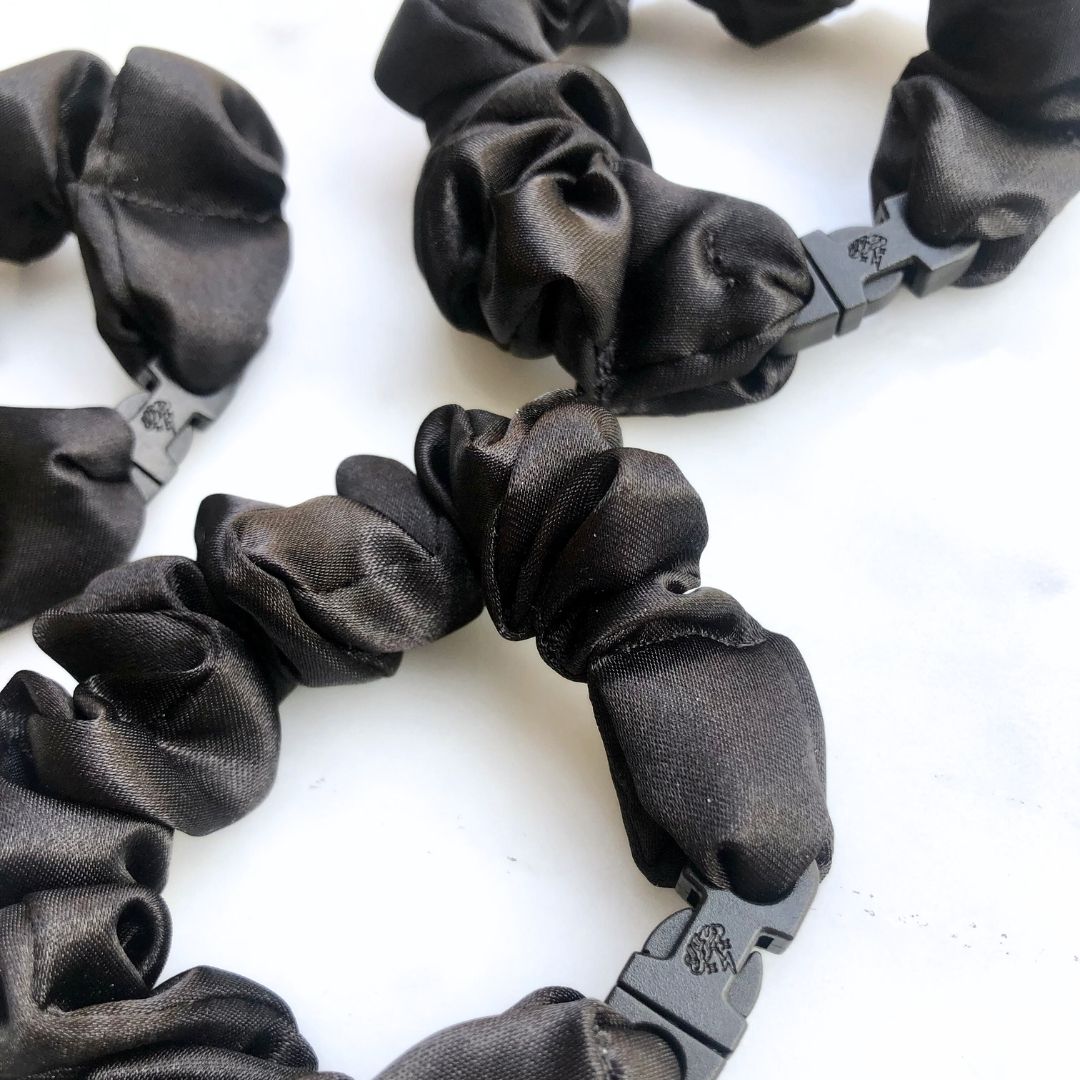 Best hair tie elastics and scrunchie hair accessories for snag-free, pull-free, rip-free, hair. Smooth, effortless hair ties and hair scrunchies for athletes, active moms, fitness, & sports. MINI 3-Pack Neutral Buckle Scrunchies Bundle - No Snagging, No Tangles