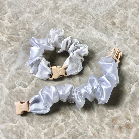 Best hair tie elastics and scrunchie hair accessories for snag-free, pull-free, rip-free, hair. Smooth, effortless hair ties and hair scrunchies for athletes, active moms, fitness, & sports. Buckle Scrunchie - Neutral Colors - No Snagging, No Tangles Iceberg White Recycled Satin Standard (1.25 to 1.5 inch thickness)