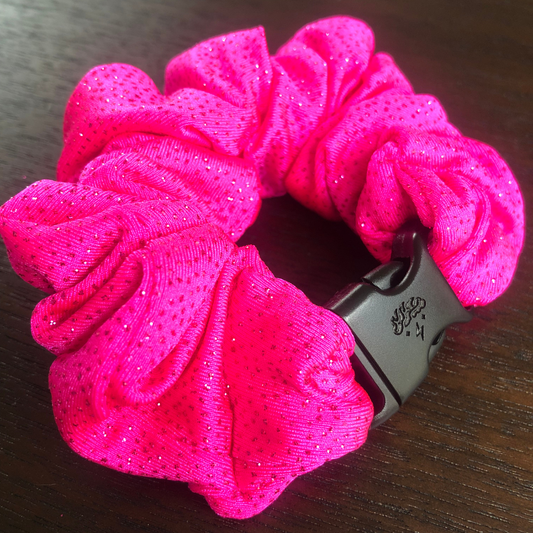 Best hair tie elastics and scrunchie hair accessories for snag-free, pull-free, rip-free, hair. Smooth, effortless hair ties and hair scrunchies for athletes, active moms, fitness, & sports. Hot Pink Sparkles Buckle Scrunchie - No Snagging, No Tangles Hot Pink Sparkles Recycled Polyblend Standard (1.25 to 1.5 inch thickness)