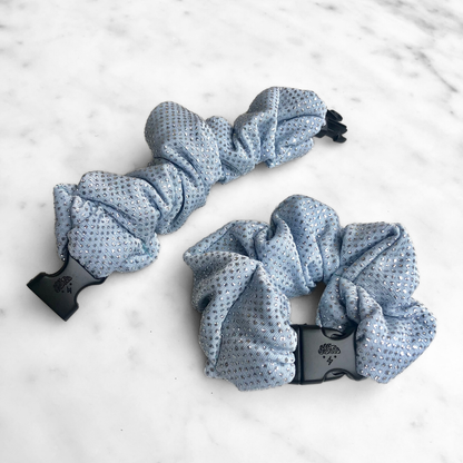 Best zero tangle no pull hair tie elastics and scrunchie hair accessories for snag-free, pull-free, rip-free, hair. Smooth, effortless hair ties and hair scrunchies for athletes, active moms, fitness, & sports. Frozen Blue Sparkles Buckle Scrunchie - No Snagging, No Tangles