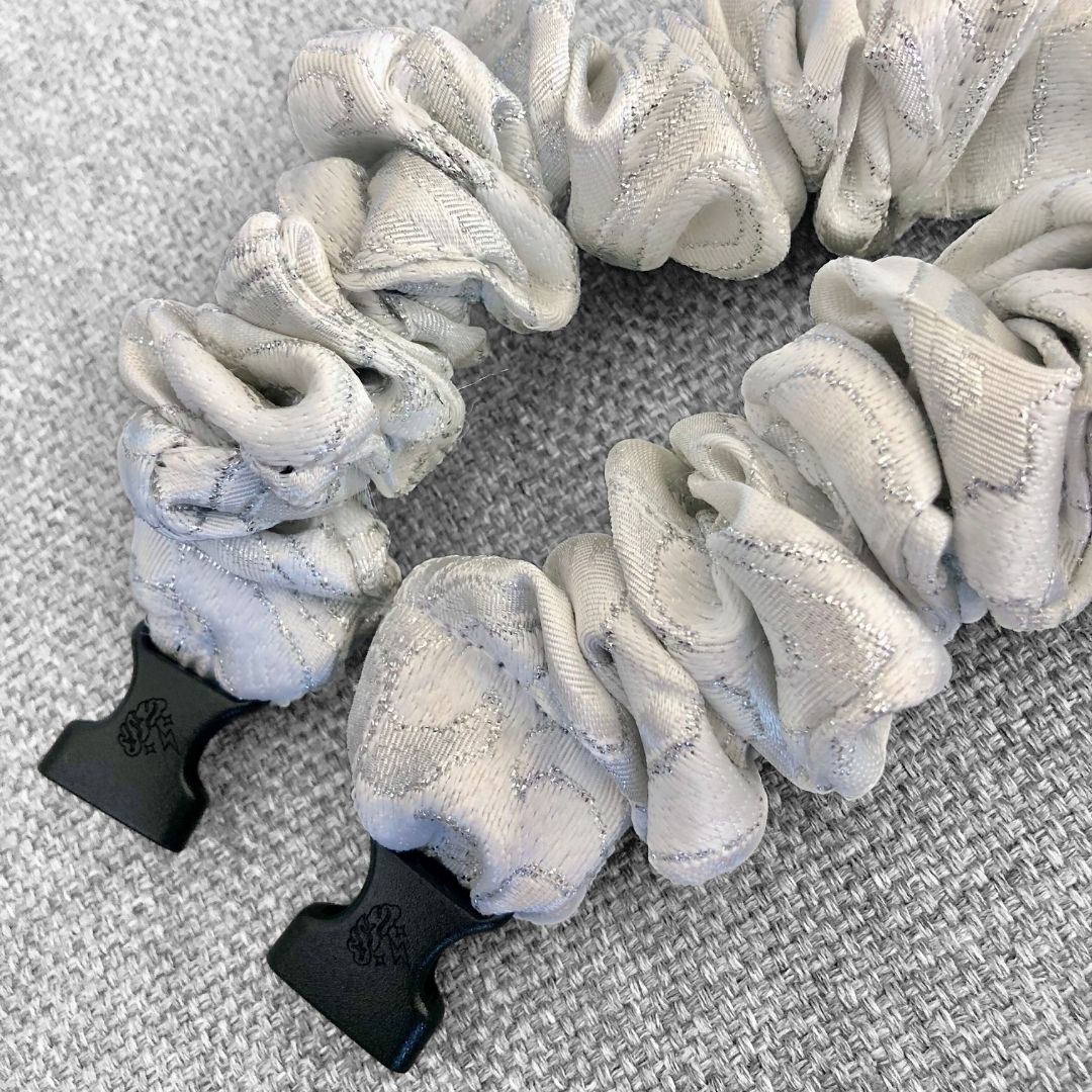 Best hair tie elastics and scrunchie hair accessories for snag-free, pull-free, rip-free, hair. Smooth, effortless hair ties and hair scrunchies for athletes, active moms, fitness, & sports. Angel White Sparkles Buckle Scrunchie - No Snagging, No Tangles