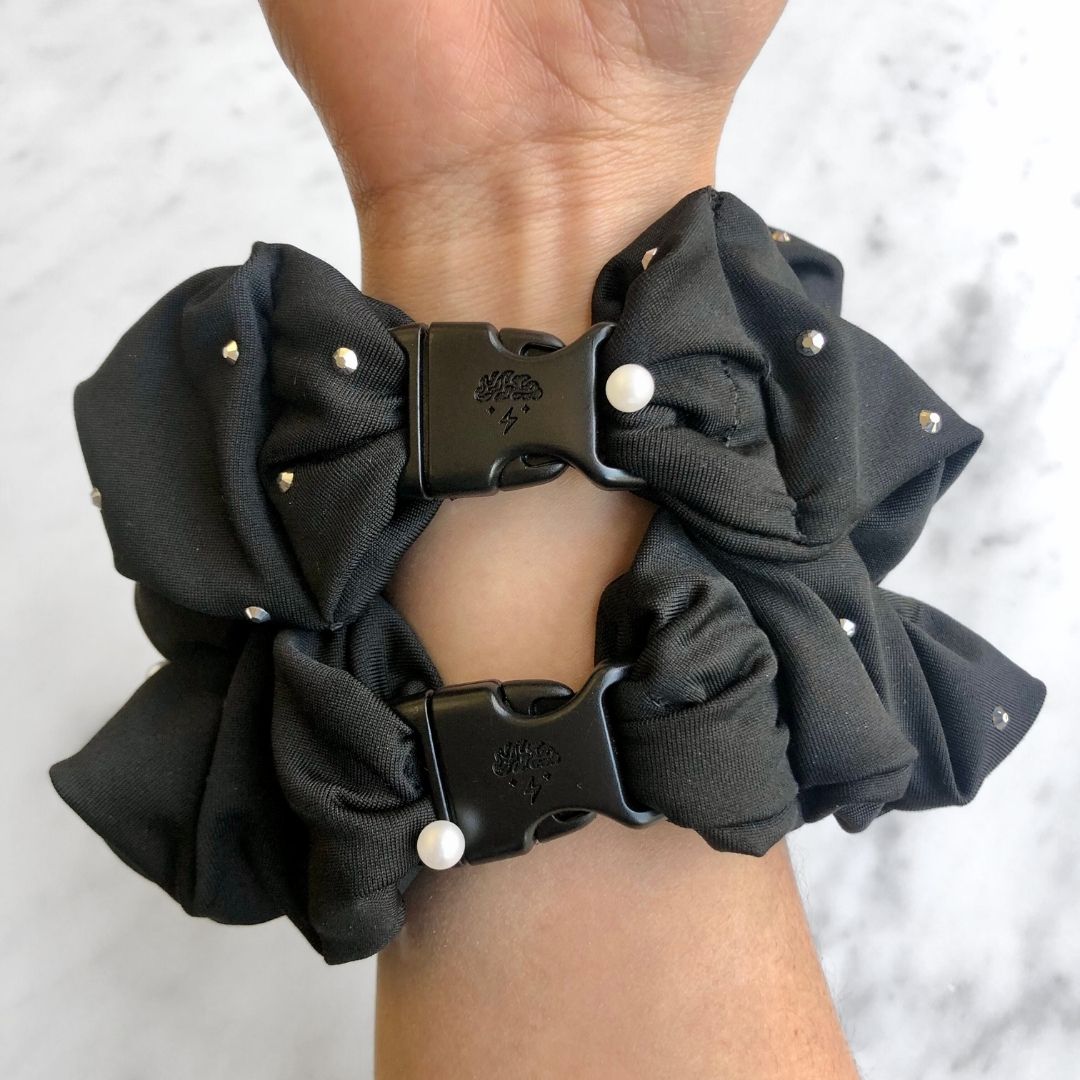 Best hair tie elastics and scrunchie hair accessories for snag-free, pull-free, rip-free, hair. Smooth, effortless hair ties and hair scrunchies for athletes, active moms, fitness, & sports. Studded Goth Black Jumbo Buckle Scrunchie - No Snagging, No Tangles