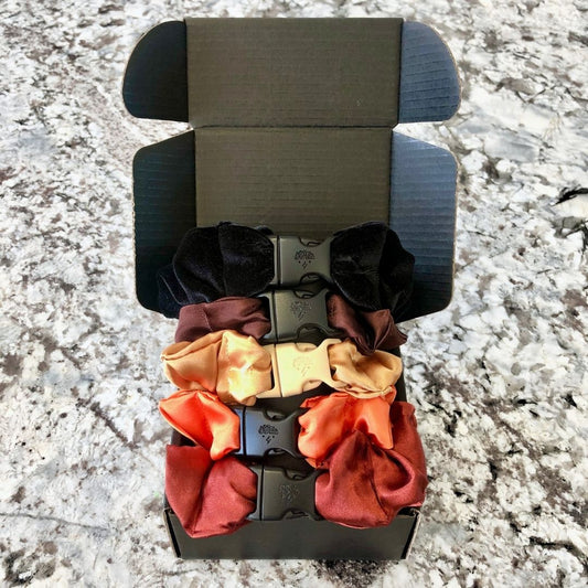 Best hair tie elastics and scrunchie hair accessories for snag-free, pull-free, rip-free, hair. Smooth, effortless hair ties and hair scrunchies for athletes, active moms, fitness, & sports. Fall Essentials - 5-Pack Autumn Halloween Buckle Scrunchies - No Snagging, No Tangles 4 Recycled Satin + 1 Recycled Velvet Standard (1.25 to 1.5 inch thickness)