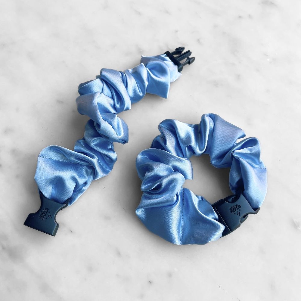 Best zero tangle no pull hair tie elastics and scrunchie hair accessories for snag-free, pull-free, rip-free, hair. Smooth, effortless hair ties and hair scrunchies for athletes, active moms, fitness, & sports. Buckle Scrunchie - Vibrant Solid Colors - No Snagging, No Tangles Baby Blue Recycled Satin Standard (1.25 to 1.5 inch thickness)
