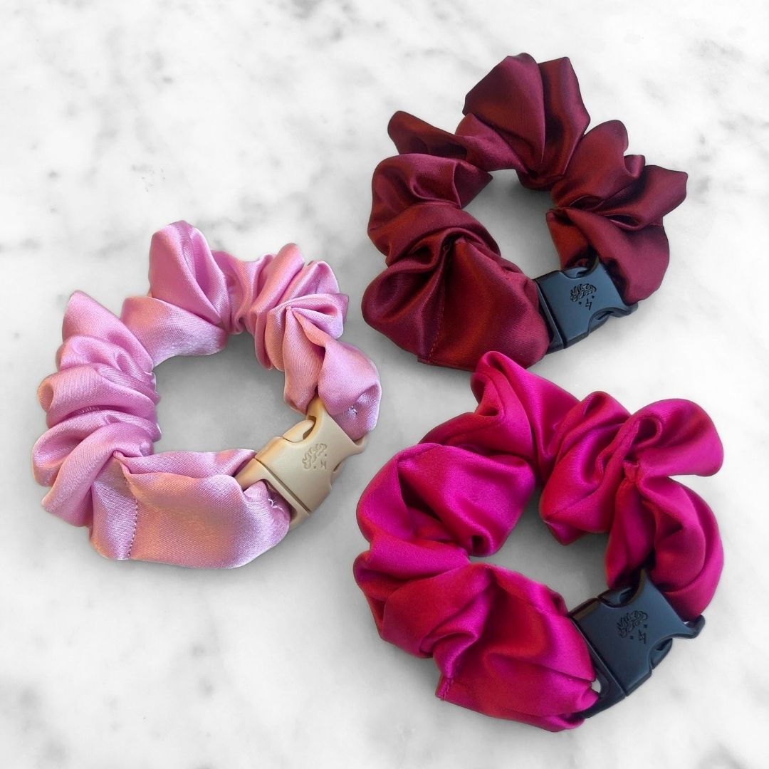 Best hair tie elastics and scrunchie hair accessories for snag-free, pull-free, rip-free, hair. Smooth, effortless hair ties and hair scrunchies for athletes, active moms, fitness, & sports. Valentine's Day Gift Set Bundle - 3-Pack Buckle Scrunchies - No Snagging, No Tangles