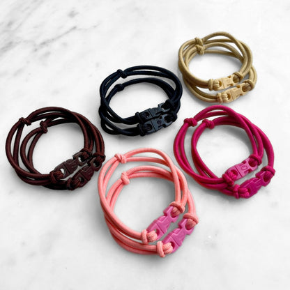 Buckle Hair Tie Variety 10 pack: two each in Industrial Black, Chocolate Brown, Champagne Blonde, Baby Pink, and Hot Pink