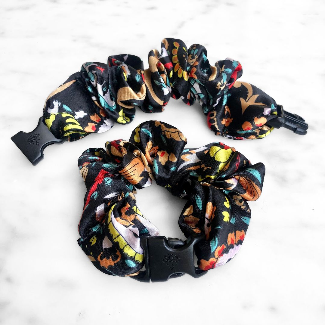 Best hair tie elastics and scrunchie hair accessories for snag-free, pull-free, rip-free, hair. Smooth, effortless hair ties and hair scrunchies for athletes, active moms, fitness, & sports. Mariposa Paisley Buckle Scrunchie - Día de los Muertos, Fall, Halloween - No Snagging, No Tangles