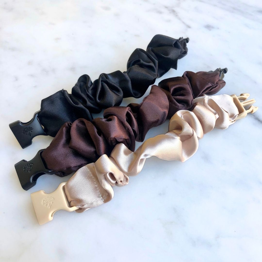 Best hair tie elastics and scrunchie hair accessories for snag-free, pull-free, rip-free, hair. Smooth, effortless hair ties and hair scrunchies for athletes, active moms, fitness, & sports. Neutrals Starter Pack - 3-Pack Buckle Scrunchies Bundle - No Snagging, No Tangles