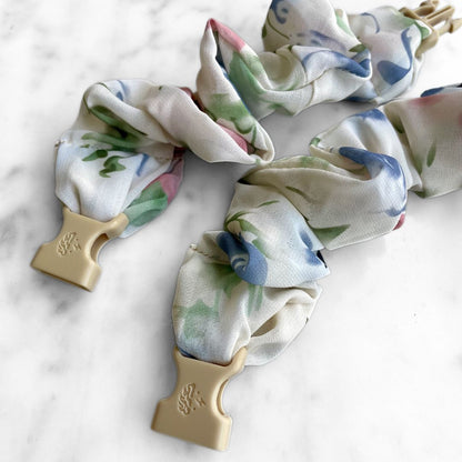 Best zero tangle no pull hair tie elastics and scrunchie hair accessories for snag-free, pull-free, rip-free, hair. Smooth, effortless hair ties and hair scrunchies for athletes, active moms, fitness, & sports. Sunday Bonnet Floral Chiffon Buckle Scrunchie - No Snagging, No Tangles
