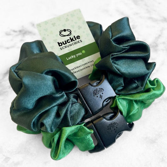 Best zero tangle no pull hair tie elastics and scrunchie hair accessories for snag-free, pull-free, rip-free, hair. Smooth, effortless hair ties and hair scrunchies for athletes, active moms, fitness, & sports. Patty's Green Duo - 2-Pack St. Patrick's Day Buckle Scrunchies - No Snagging, No Tangles Satin Standard (1.25 to 1.5 inch thickness)