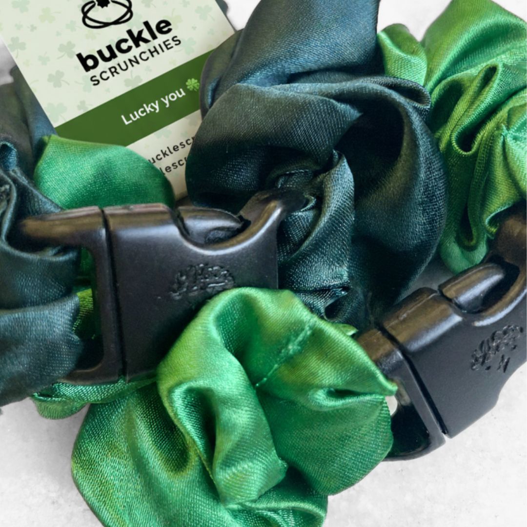 Best zero tangle no pull hair tie elastics and scrunchie hair accessories for snag-free, pull-free, rip-free, hair. Smooth, effortless hair ties and hair scrunchies for athletes, active moms, fitness, & sports. Patty's Green Duo - 2-Pack St. Patrick's Day Buckle Scrunchies - No Snagging, No Tangles