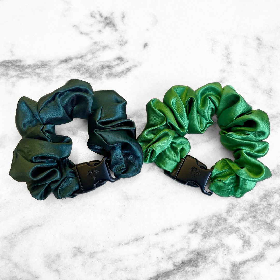 Best zero tangle no pull hair tie elastics and scrunchie hair accessories for snag-free, pull-free, rip-free, hair. Smooth, effortless hair ties and hair scrunchies for athletes, active moms, fitness, & sports. Patty's Green Duo - 2-Pack St. Patrick's Day Buckle Scrunchies - No Snagging, No Tangles