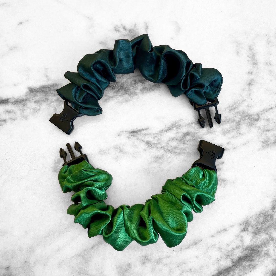 Best zero tangle no pull hair tie elastics and scrunchie hair accessories for snag-free, pull-free, rip-free, hair. Smooth, effortless hair ties and hair scrunchies for athletes, active moms, fitness, & sports. Patty's Green Duo - 2-Pack St. Patrick's Day Buckle Scrunchies - No Snagging, No Tangles