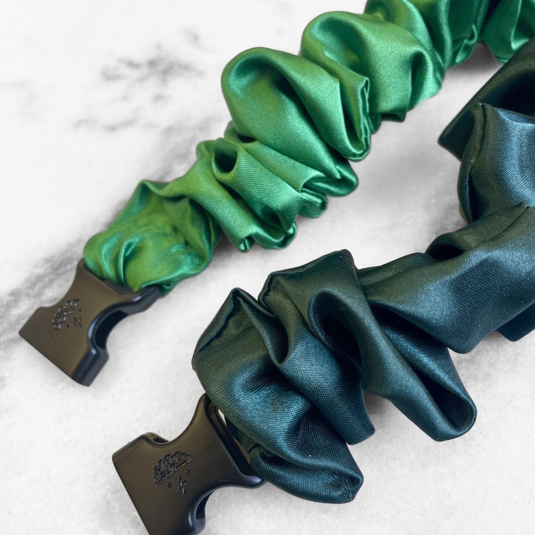 Best zero tangle no pull hair tie elastics and scrunchie hair accessories for snag-free, pull-free, rip-free, hair. Smooth, effortless hair ties and hair scrunchies for athletes, active moms, fitness, & sports. Patty's Green Duo - 2-Pack St. Patrick's Day Buckle Scrunchies - No Snagging, No Tangles