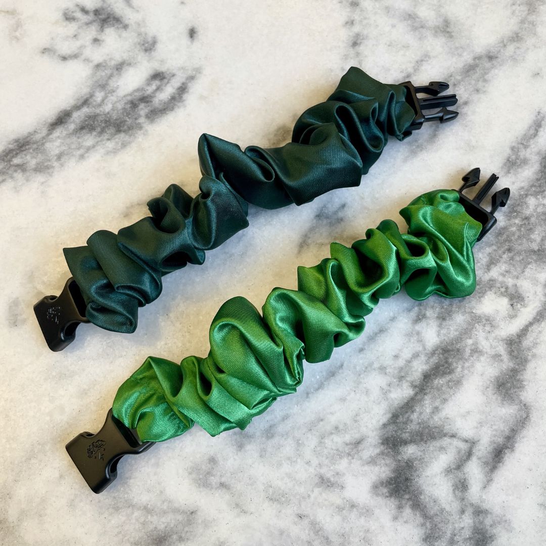 Best zero tangle no pull hair tie elastics and scrunchie hair accessories for snag-free, pull-free, rip-free, hair. Smooth, effortless hair ties and hair scrunchies for athletes, active moms, fitness, & sports. Patty's Green Duo - 2-Pack St. Patrick's Day Buckle Scrunchies - No Snagging, No Tangles