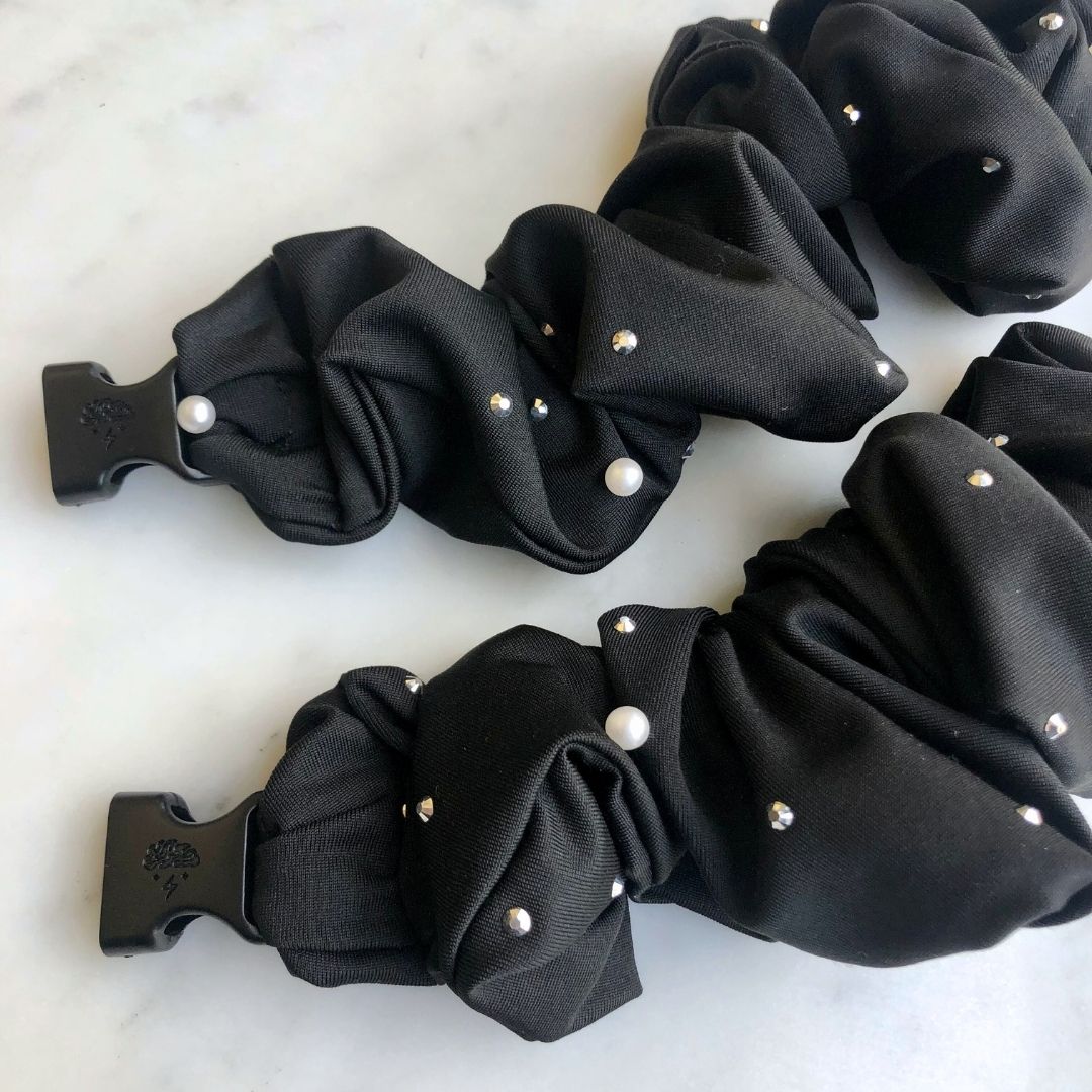 Best hair tie elastics and scrunchie hair accessories for snag-free, pull-free, rip-free, hair. Smooth, effortless hair ties and hair scrunchies for athletes, active moms, fitness, & sports. Studded Goth Black Jumbo Buckle Scrunchie - No Snagging, No Tangles