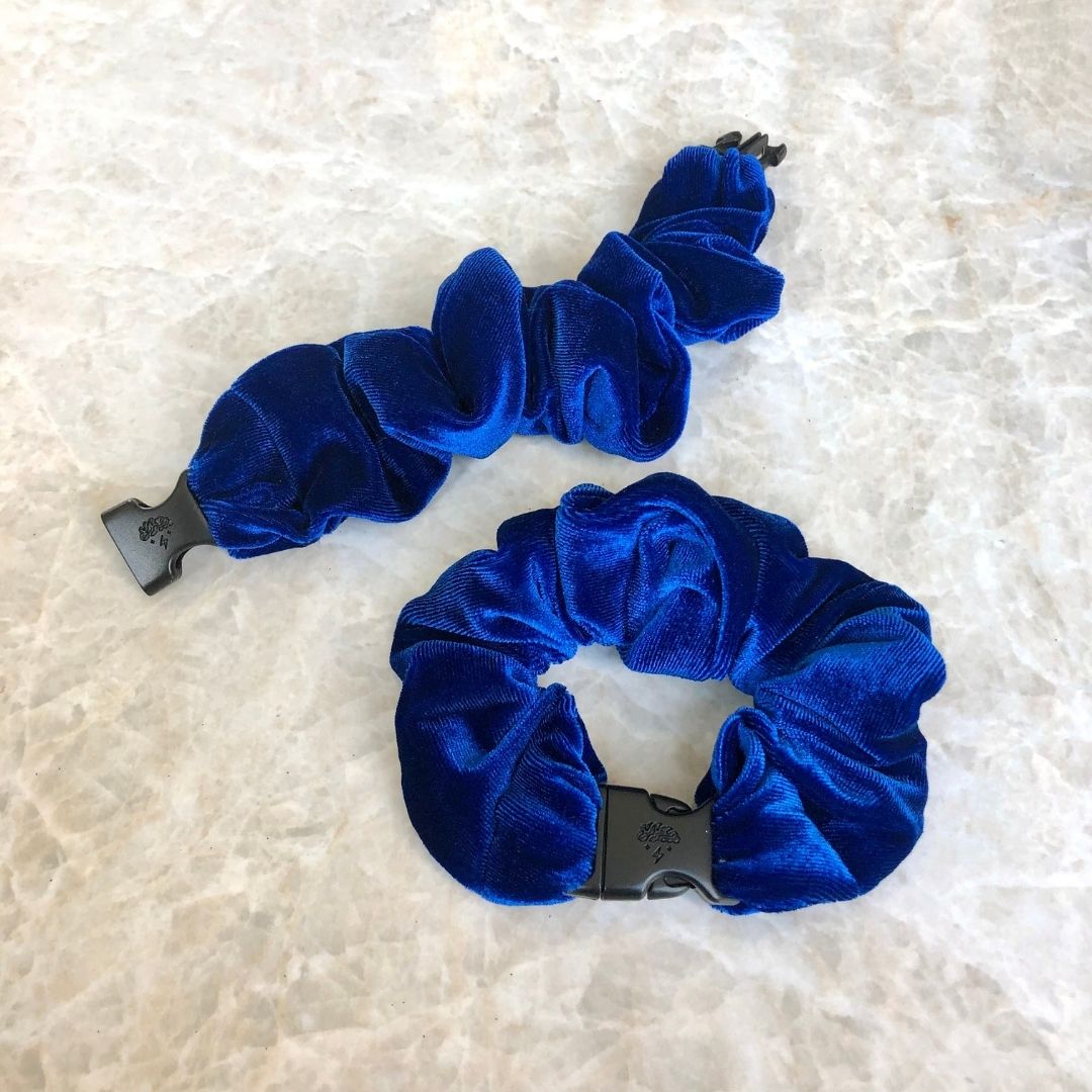 Best hair tie elastics and scrunchie hair accessories for snag-free, pull-free, rip-free, hair. Smooth, effortless hair ties and hair scrunchies for athletes, active moms, fitness, & sports. Sapphire Blue Velvet Buckle Scrunchie - No Snagging, No Tangles