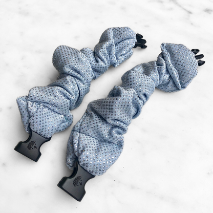 Best zero tangle no pull hair tie elastics and scrunchie hair accessories for snag-free, pull-free, rip-free, hair. Smooth, effortless hair ties and hair scrunchies for athletes, active moms, fitness, & sports. Frozen Blue Sparkles Buckle Scrunchie - No Snagging, No Tangles