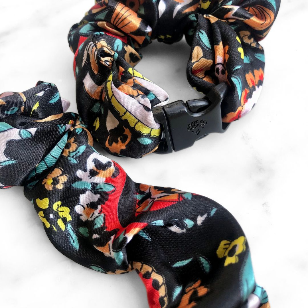Best hair tie elastics and scrunchie hair accessories for snag-free, pull-free, rip-free, hair. Smooth, effortless hair ties and hair scrunchies for athletes, active moms, fitness, & sports. Mariposa Paisley Buckle Scrunchie - Día de los Muertos, Fall, Halloween - No Snagging, No Tangles