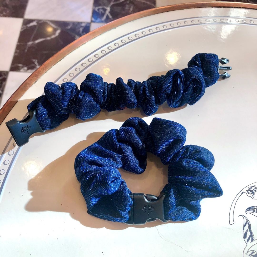 Best hair tie elastics and scrunchie hair accessories for snag-free, pull-free, rip-free, hair. Smooth, effortless hair ties and hair scrunchies for athletes, active moms, fitness, & sports. Starlight Blue Buckle Scrunchie - No Snagging, No Tangles