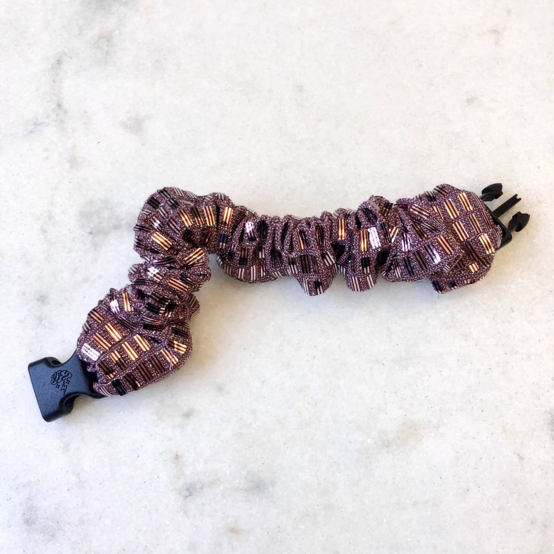Best hair tie elastics and scrunchie hair accessories for snag-free, pull-free, rip-free, hair. Smooth, effortless hair ties and hair scrunchies for athletes, active moms, fitness, & sports. Disco Mauve Buckle Scrunchie - No Snagging, No Tangles