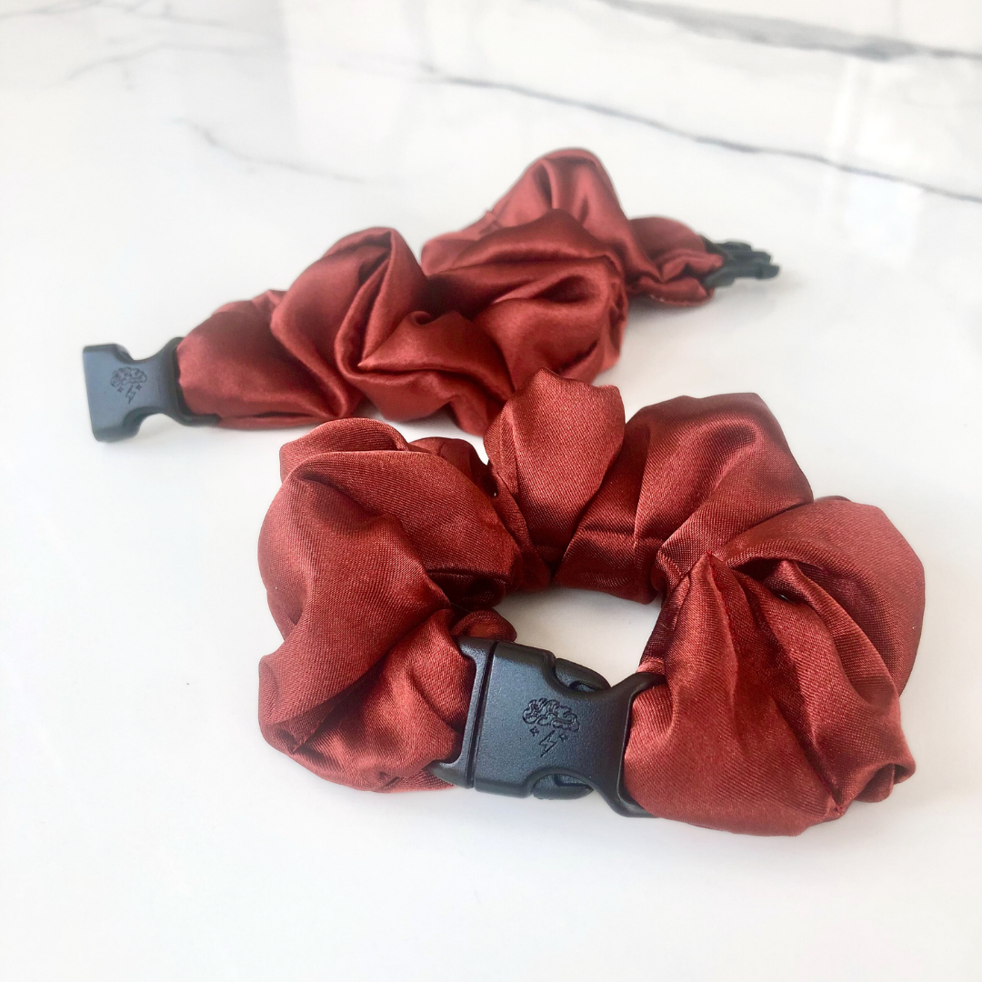 Best hair tie elastics and scrunchie hair accessories for snag-free, pull-free, rip-free, hair. Smooth, effortless hair ties and hair scrunchies for athletes, active moms, fitness, & sports. Warm Collection Buckle Scrunchies - No Snagging, No Tangles Maple Leaf Red Recycled Satin Standard (1.25 to 1.5 inch thickness)