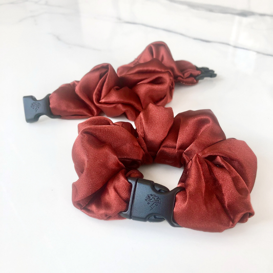 Best hair tie elastics and scrunchie hair accessories for snag-free, pull-free, rip-free, hair. Smooth, effortless hair ties and hair scrunchies for athletes, active moms, fitness, & sports. Warm Collection Buckle Scrunchies - No Snagging, No Tangles Maple Leaf Red Recycled Satin Standard (1.25 to 1.5 inch thickness)