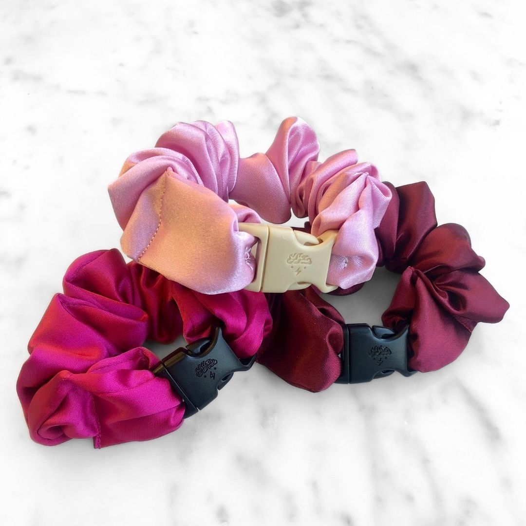 Best hair tie elastics and scrunchie hair accessories for snag-free, pull-free, rip-free, hair. Smooth, effortless hair ties and hair scrunchies for athletes, active moms, fitness, & sports. Valentine's Day Gift Set Bundle - 3-Pack Buckle Scrunchies - No Snagging, No Tangles