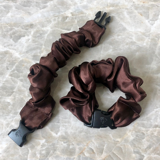 Best hair tie elastics and scrunchie hair accessories for snag-free, pull-free, rip-free, hair. Smooth, effortless hair ties and hair scrunchies for athletes, active moms, fitness, & sports. Buckle Scrunchie - Neutral Colors - No Snagging, No Tangles Chocolate Brown Recycled Satin Standard (1.25 to 1.5 inch thickness)
