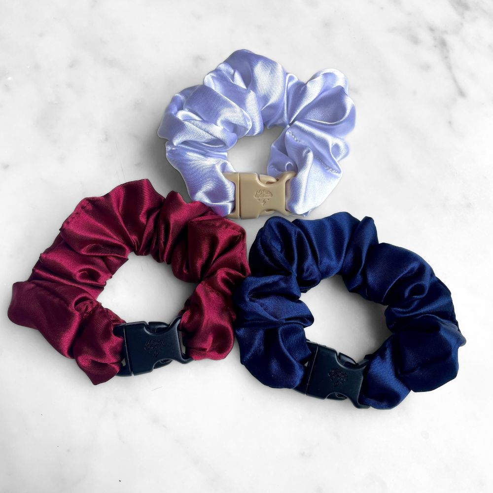 Best zero tangle no pull hair tie elastics and scrunchie hair accessories for snag-free, pull-free, rip-free, hair. Smooth, effortless hair ties and hair scrunchies for athletes, active moms, fitness, & sports. USA Patriotic Red White Blue - 3-Pack Buckle Scrunchies Bundle - No Snagging, No Tangles