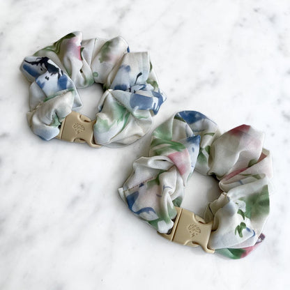 Best zero tangle no pull hair tie elastics and scrunchie hair accessories for snag-free, pull-free, rip-free, hair. Smooth, effortless hair ties and hair scrunchies for athletes, active moms, fitness, & sports. Sunday Bonnet Floral Chiffon Buckle Scrunchie - No Snagging, No Tangles