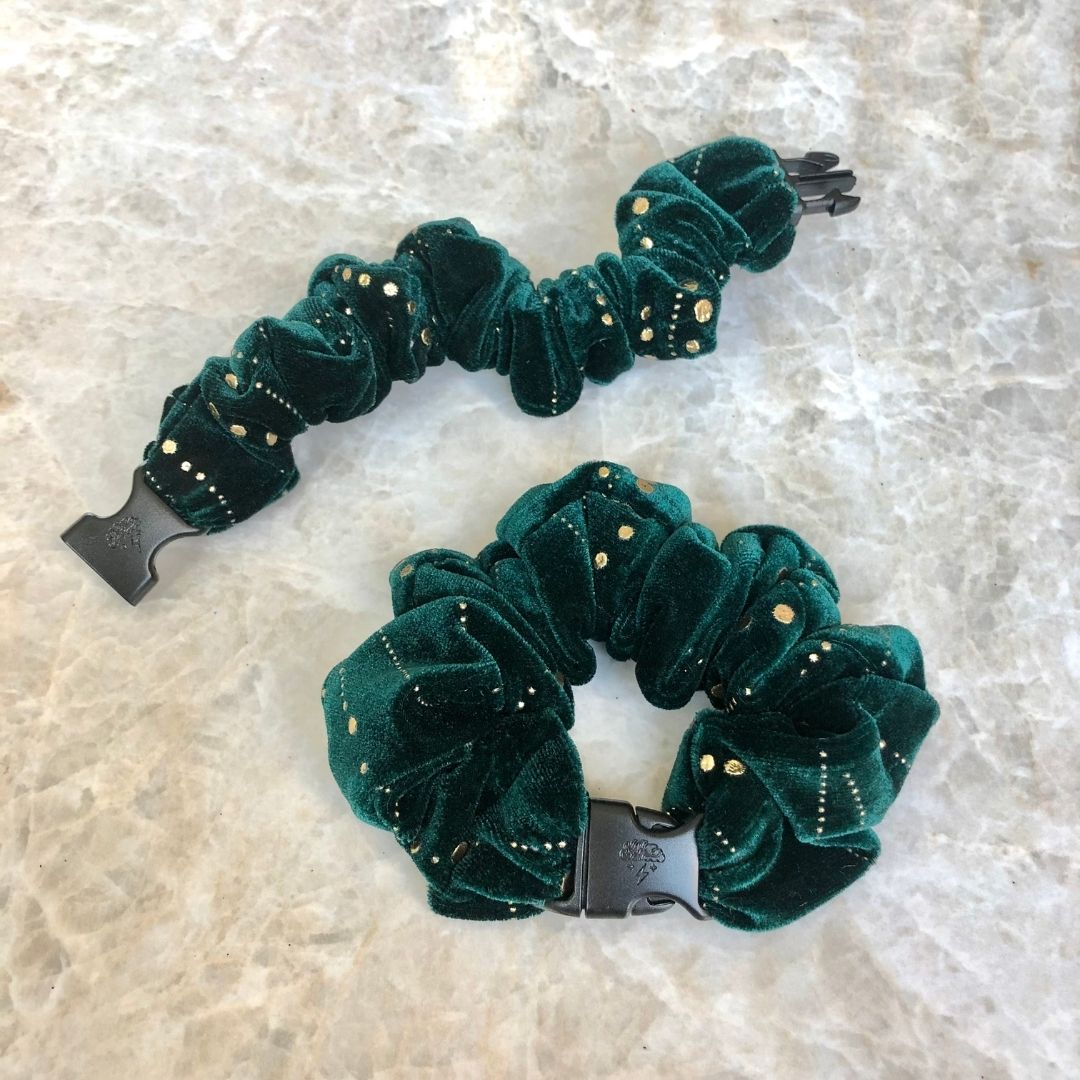 Best hair tie elastics and scrunchie hair accessories for snag-free, pull-free, rip-free, hair. Smooth, effortless hair ties and hair scrunchies for athletes, active moms, fitness, & sports. Jingle Green Velvet Buckle Scrunchie - No Snagging, No Tangles Jingle Green Recycled Velvet Standard (1.25 to 1.5 inch thickness)