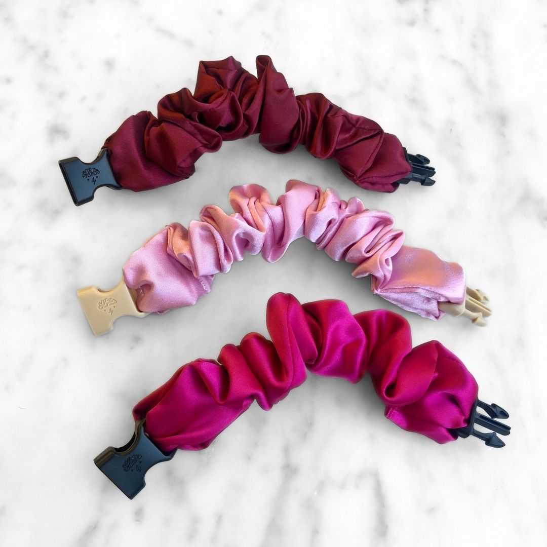 Best hair tie elastics and scrunchie hair accessories for snag-free, pull-free, rip-free, hair. Smooth, effortless hair ties and hair scrunchies for athletes, active moms, fitness, & sports. Valentine's Day Gift Set Bundle - 3-Pack Buckle Scrunchies - No Snagging, No Tangles