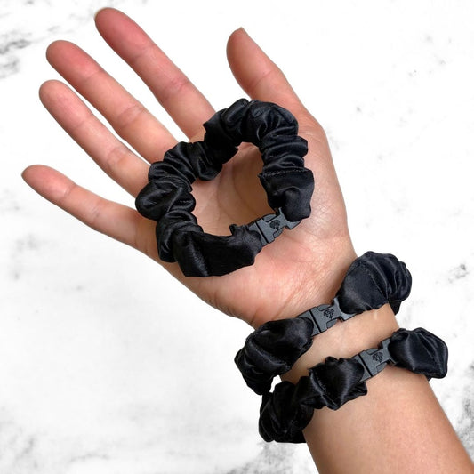 Best hair tie elastics and scrunchie hair accessories for snag-free, pull-free, rip-free, hair. Smooth, effortless hair ties and hair scrunchies for athletes, active moms, fitness, & sports. MINI 3-Pack Neutral Buckle Scrunchies Bundle - No Snagging, No Tangles