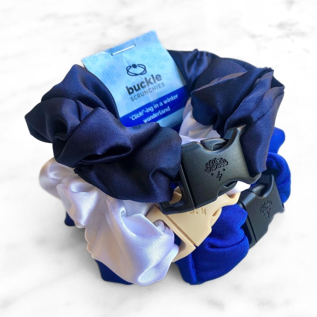Best hair tie elastics and scrunchie hair accessories for snag-free, pull-free, rip-free, hair. Smooth, effortless hair ties and hair scrunchies for athletes, active moms, fitness, & sports. Winter Wonderland Bundle - 3-Pack Hanukkah Holiday Buckle Scrunchies - No Snagging, No Tangles Satin Standard (1.25 to 1.5 inch thickness)