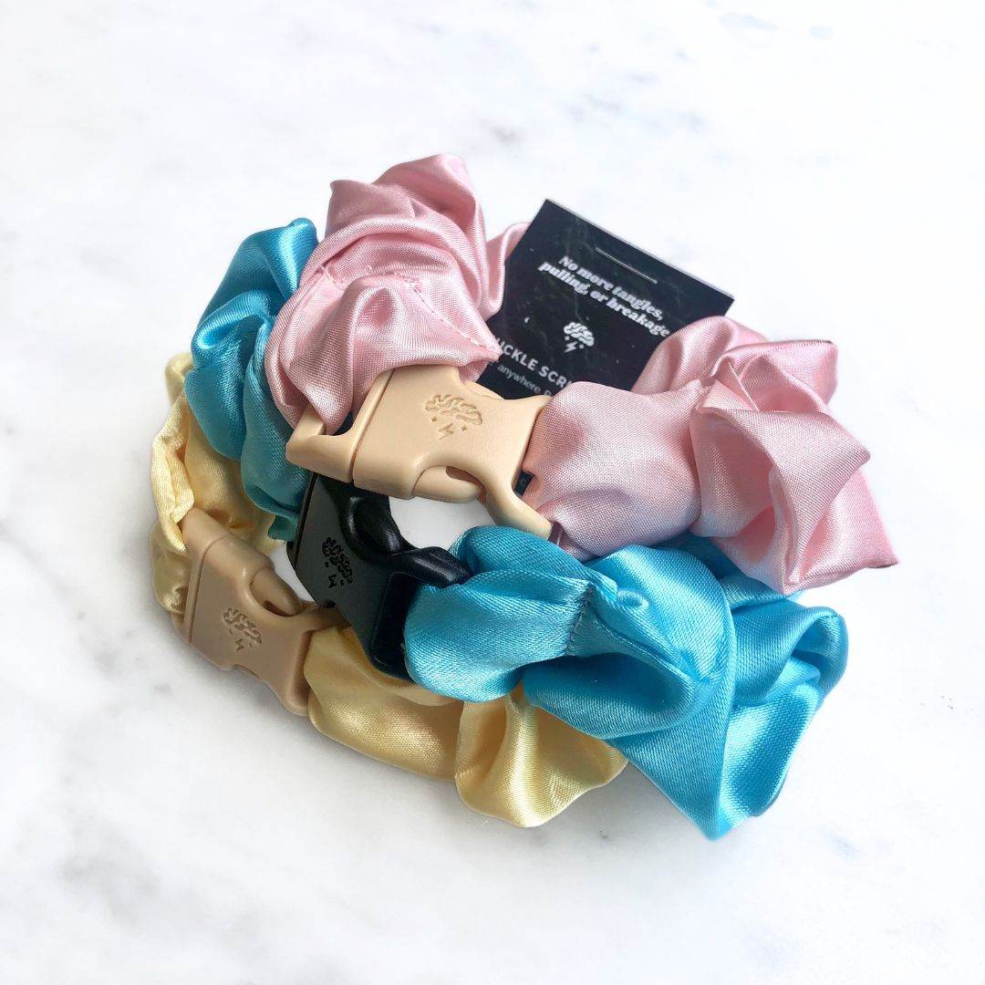 Best hair tie elastics and scrunchie hair accessories for snag-free, pull-free, rip-free, hair. Smooth, effortless hair ties and hair scrunchies for athletes, active moms, fitness, & sports. Cotton Candy - 3-Pack Vibrant Pastel Buckle Scrunchies Bundle - No Snagging, No Tangles