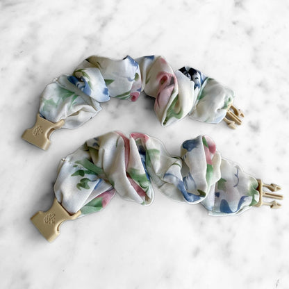 Best zero tangle no pull hair tie elastics and scrunchie hair accessories for snag-free, pull-free, rip-free, hair. Smooth, effortless hair ties and hair scrunchies for athletes, active moms, fitness, & sports. Sunday Bonnet Floral Chiffon Buckle Scrunchie - No Snagging, No Tangles