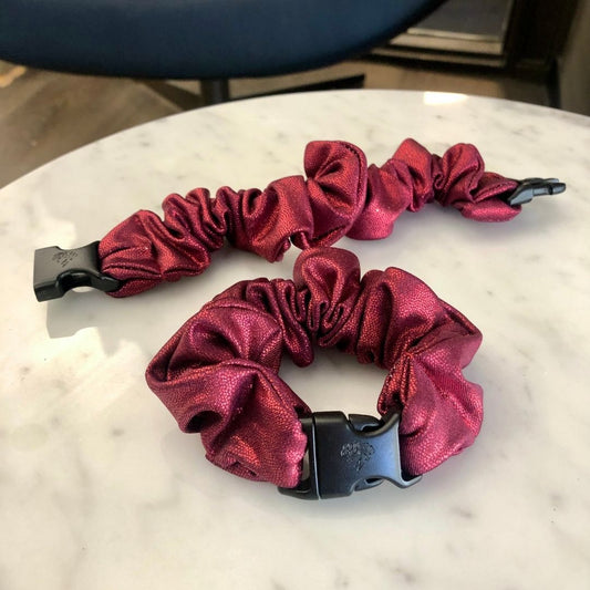 Best hair tie elastics and scrunchie hair accessories for snag-free, pull-free, rip-free, hair. Smooth, effortless hair ties and hair scrunchies for athletes, active moms, fitness, & sports. Ruby Metallic Glitter Red Buckle Scrunchie - No Snagging, No Tangles Ruby Red Recycled Polyblend Standard (1.25 to 1.5 inch thickness)