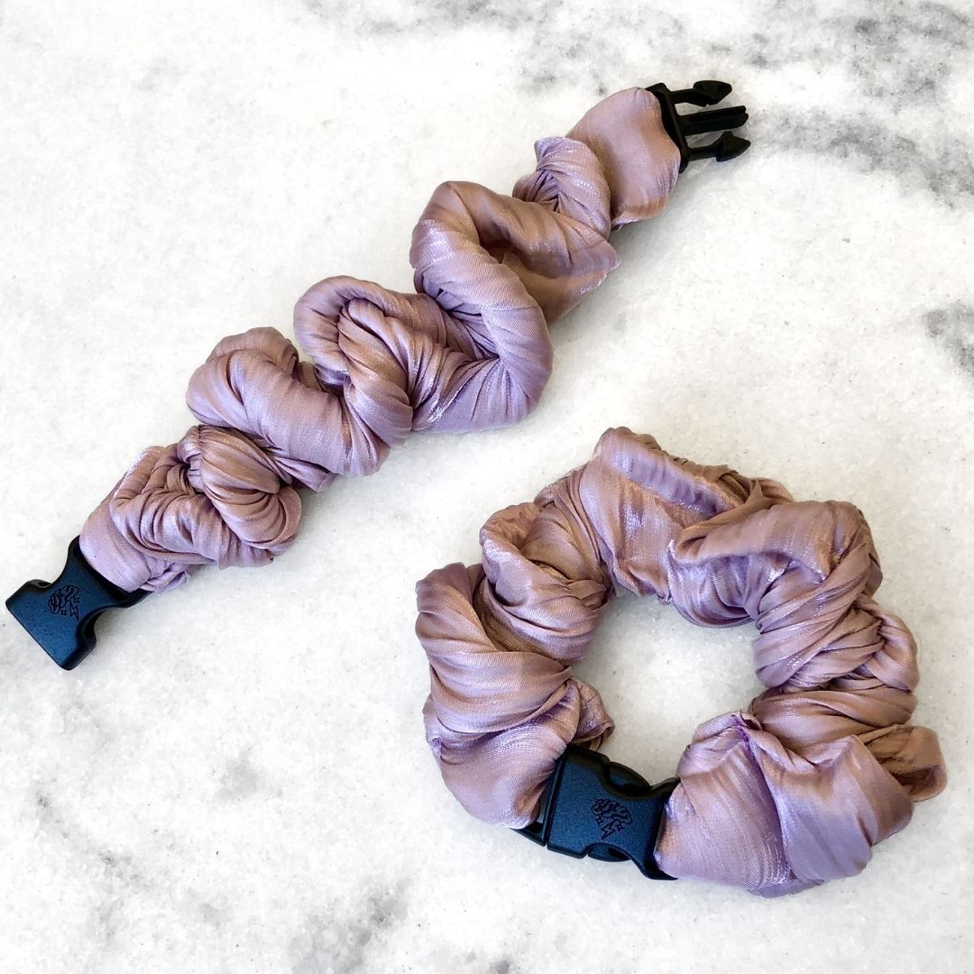 Best hair tie elastics and scrunchie hair accessories for snag-free, pull-free, rip-free, hair. Smooth, effortless hair ties and hair scrunchies for athletes, active moms, fitness, & sports. Lavender Cloud Buckle Scrunchie - No Snagging, No Tangles Lavender Cloud