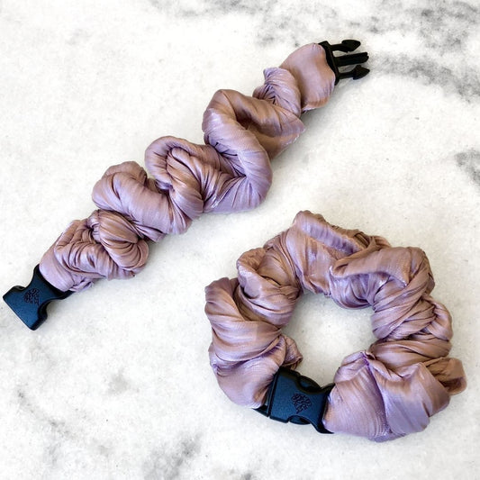 Best hair tie elastics and scrunchie hair accessories for snag-free, pull-free, rip-free, hair. Smooth, effortless hair ties and hair scrunchies for athletes, active moms, fitness, & sports. Lavender Cloud Buckle Scrunchie - No Snagging, No Tangles Lavender Cloud
