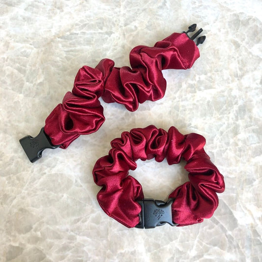 Best hair tie elastics and scrunchie hair accessories for snag-free, pull-free, rip-free, hair. Smooth, effortless hair ties and hair scrunchies for athletes, active moms, fitness, & sports. Cherry Red Buckle Scrunchie - No Snagging, No Tangles Cherry Red Recycled Satin Standard (1.25 to 1.5 inch thickness)