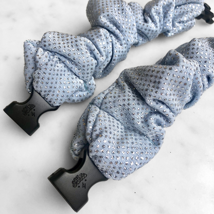 Best zero tangle no pull hair tie elastics and scrunchie hair accessories for snag-free, pull-free, rip-free, hair. Smooth, effortless hair ties and hair scrunchies for athletes, active moms, fitness, & sports. Frozen Blue Sparkles Buckle Scrunchie - No Snagging, No Tangles