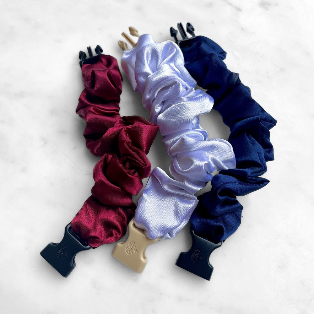 Best zero tangle no pull hair tie elastics and scrunchie hair accessories for snag-free, pull-free, rip-free, hair. Smooth, effortless hair ties and hair scrunchies for athletes, active moms, fitness, & sports. USA Patriotic Red White Blue - 3-Pack Buckle Scrunchies Bundle - No Snagging, No Tangles