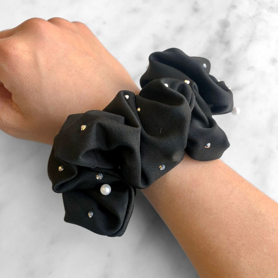 Best hair tie elastics and scrunchie hair accessories for snag-free, pull-free, rip-free, hair. Smooth, effortless hair ties and hair scrunchies for athletes, active moms, fitness, & sports. Studded Goth Black Jumbo Buckle Scrunchie - No Snagging, No Tangles