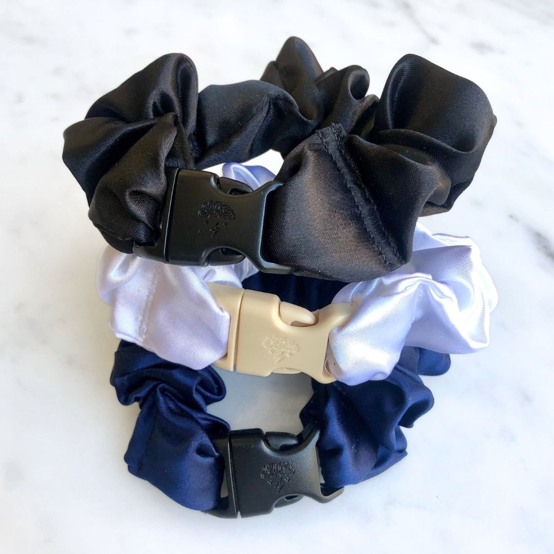 Best hair tie elastics and scrunchie hair accessories for snag-free, pull-free, rip-free, hair. Smooth, effortless hair ties and hair scrunchies for athletes, active moms, fitness, & sports. Power Trio - 3-Pack Neutral Buckle Scrunchies Bundle - No Snagging, No Tangles Recycled Satin Standard (1.25 to 1.5 inch thickness)