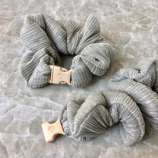 Best hair tie elastics and scrunchie hair accessories for snag-free, pull-free, rip-free, hair. Smooth, effortless hair ties and hair scrunchies for athletes, active moms, fitness, & sports. Tinsel Silver Buckle Scrunchie - No Snagging, No Tangles Tinsel Silver Recycled Polyblend Jumbo (1.5 to 2 inch thickness)