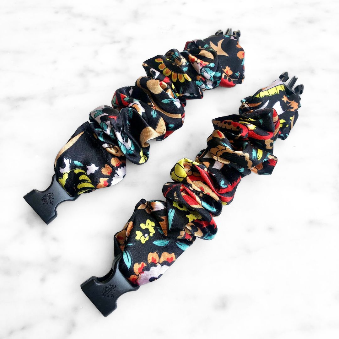 Best hair tie elastics and scrunchie hair accessories for snag-free, pull-free, rip-free, hair. Smooth, effortless hair ties and hair scrunchies for athletes, active moms, fitness, & sports. Mariposa Paisley Buckle Scrunchie - Día de los Muertos, Fall, Halloween - No Snagging, No Tangles