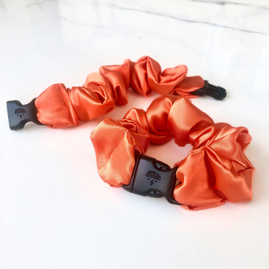 Best hair tie elastics and scrunchie hair accessories for snag-free, pull-free, rip-free, hair. Smooth, effortless hair ties and hair scrunchies for athletes, active moms, fitness, & sports. Warm Collection Buckle Scrunchies - No Snagging, No Tangles Pumpkin Orange Recycled Satin Standard (1.25 to 1.5 inch thickness)