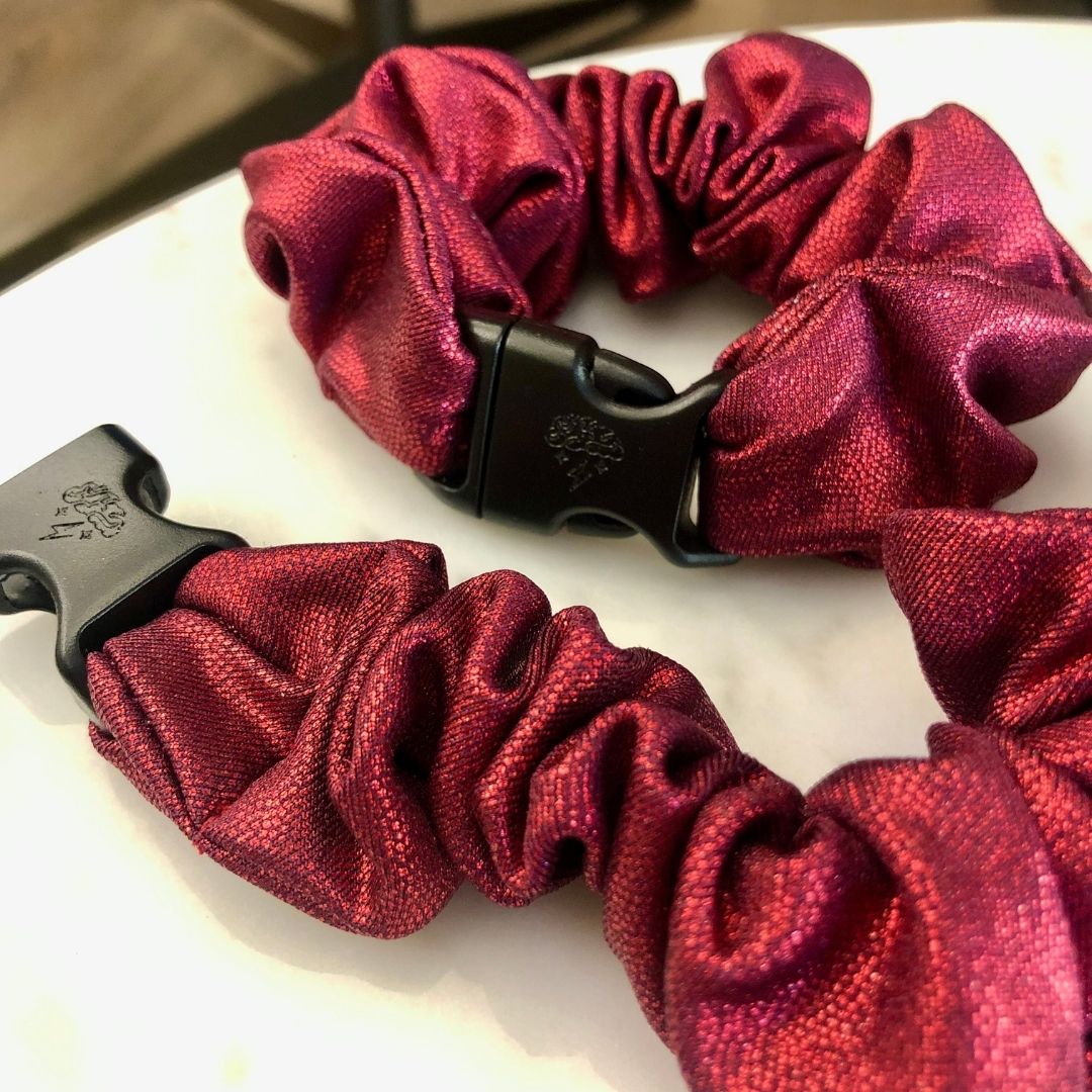 Best hair tie elastics and scrunchie hair accessories for snag-free, pull-free, rip-free, hair. Smooth, effortless hair ties and hair scrunchies for athletes, active moms, fitness, & sports. Ruby Metallic Glitter Red Buckle Scrunchie - No Snagging, No Tangles